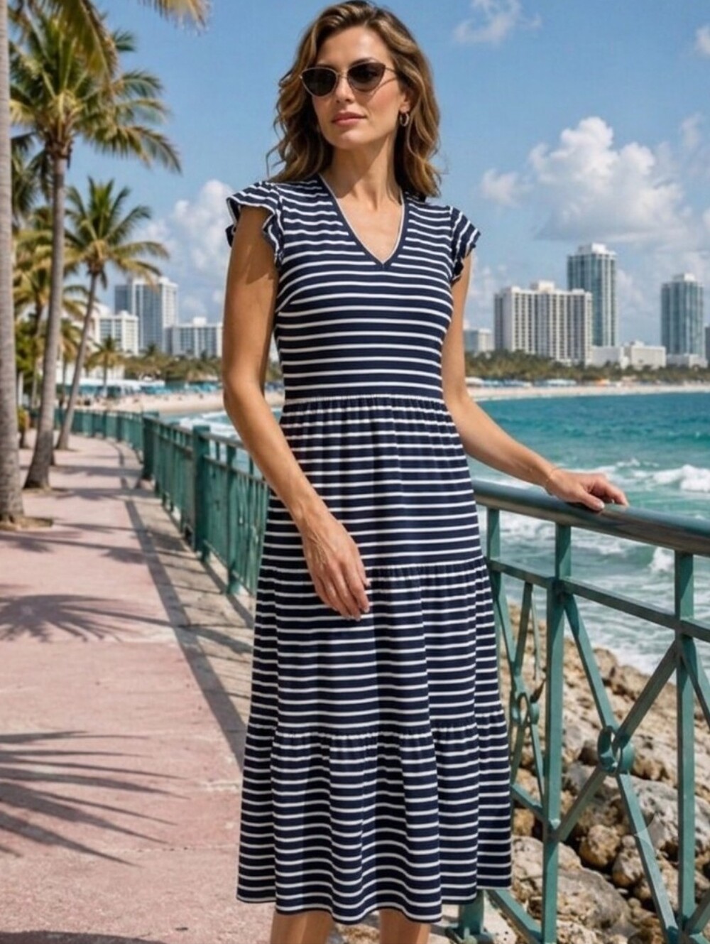 NWT Jude Connally Navy and White Striped V-Neck Tiered Midi Dress Size: XXL